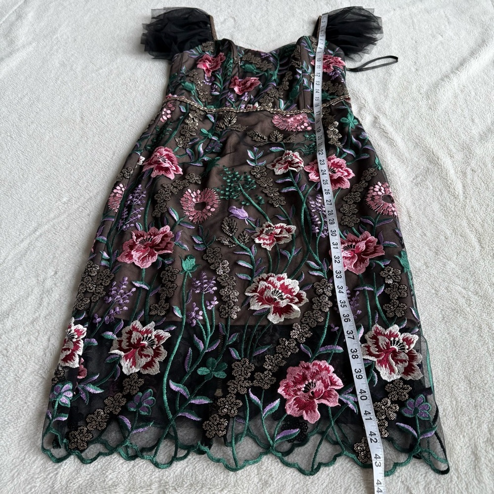 Floral Embroidered Mesh Cocktail Dress with Tulle Shoulders - Pink/Green - Picture 3 of 13